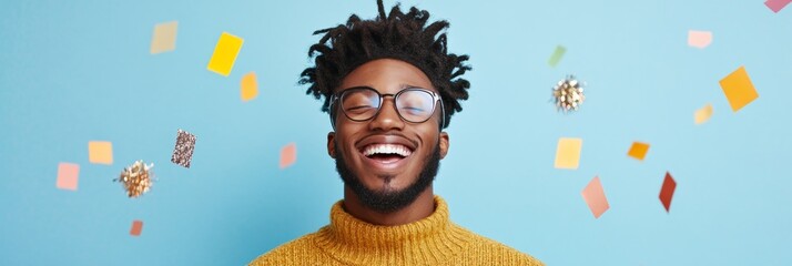 Aufkleber - Joyful Young Man in Sweater Surrounded by Colorful Geometric Confetti Against Blue Background