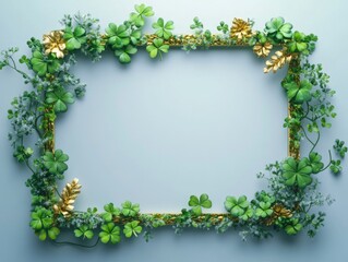 Wall Mural - frame with a green and gold border is filled with various types of leaves. the frame is empty, allow