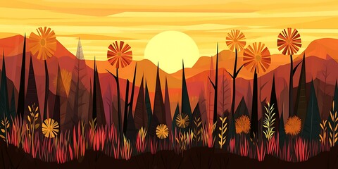 Sunset forest landscape; stylized floral foreground; mountains background; website banner.