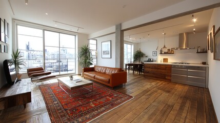 Wall Mural - Modern living space with open kitchen and wooden accents.