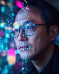 Fototapete - Futuristic Blockchain Vision Korean Man with Digital Tablet and Glowing Charts