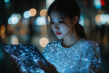 Poster - Futuristic Innovation South Korean Woman Engaged with Holographic Blockchain in Pastel Cyberpunk Glow