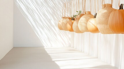Poster - Sunlit Display of Woven Baskets with Pumpkins in Minimalist Setting at Agriculture Fair