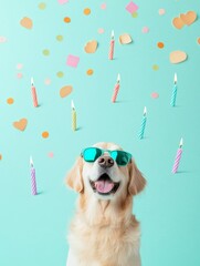 Aufkleber - Fun Spring Birthday Celebration with Sunglasses-Wearing Dog and Floating Candles