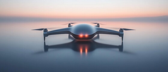 Poster - Futuristic Drone on Reflective Surface with Sky Gradient Backdrop
