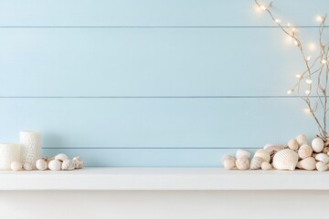 Poster - Rustic Coastal Mantel with Driftwood and Seashells Under Soft Fairy Lights