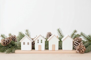 Poster - Scandinavian-Inspired Christmas Centerpiece with Minimalist White Candles and Ceramic Houses