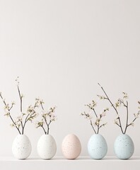 Aufkleber - Minimalist Pastel Egg Vases with Floral Branches on a White Surface