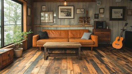 Wall Mural - Cozy living room with wooden decor and warm tones.