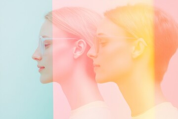 Aufkleber - Double Exposure Portrait of Young Women with Colorful Overlay – Modern Artistic Style