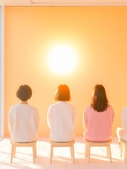Poster - Three people sitting on wooden stools facing a glowing orange wall, bathed in warm sunlight. The minimalistic setting creates a serene and meditative atmosphere, perfect for themes of mindfulness