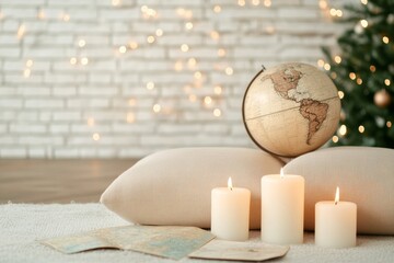 Poster - Cozy Winter Ambiance Antique Globe and Candlelit Living Room
