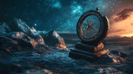 Wall Mural - A beautifully crafted compass stands against a stellar backdrop. The rich colors of the cosmos create a captivating scene. This is a symbol of exploration and discovery. Generative AI