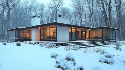Poster - Modern house in snowy landscape surrounded by trees.