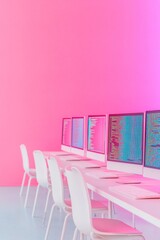 Fototapete - Immersive Digital Classroom with Neon Glow and Code Reflections