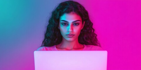 Fototapete - Young Woman Coding in Vibrant Neon Light - Modern Tech Culture