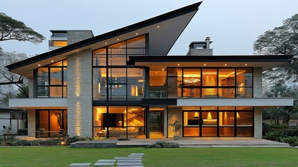 Poster - Modern house with large windows and sleek design.