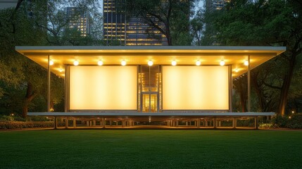 Poster - Modern pavilion with illuminated screens in a park setting.