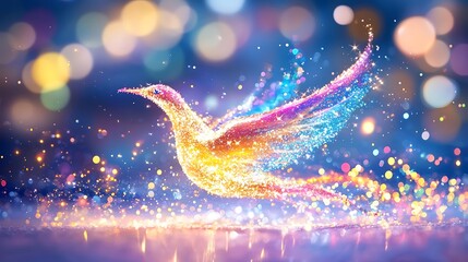 Canvas Print - Colorful sparkling bird in flight, magical bokeh background.