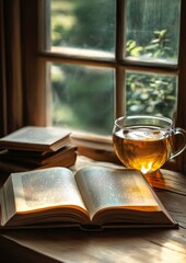 Poster - Cozy Reading Nook with Open Book and Tea in Gentle Sunlight