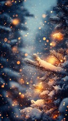 Poster - Enchanting Winter Forest with Snowy Pines and Soft Golden Lights
