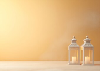 Poster - Elegant White Lanterns Illuminated Against Warm Beige Background