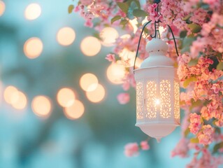 Poster - Illuminated Lantern Amid Blossoming Flowers in Soft Focus
