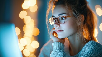 Poster - A businesswoman working late at night in her office, illuminated by the glow of her computer screen, focused and determined to meet a deadline.