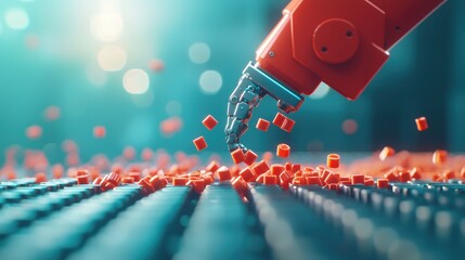 Poster - A robotic arm lifting and assembling heavy machinery parts in a factory setting, showcasing the strength and precision of AI powered automation.