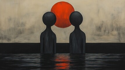 Poster - Two figures silhouetted against a large red sun.