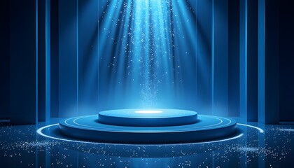 blue award podium background  rays showering on podium