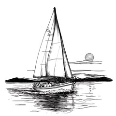 Wall Mural - Sailboat on Calm Water at Sunset A Black and White Ink Drawing.