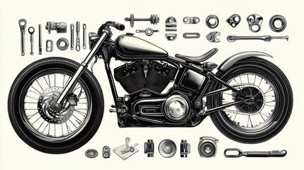 Poster - A detailed illustration of a motorcycle surrounded by various mechanical parts and tools.