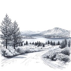 Wall Mural - Serene Winter Landscape Sketch of a Winding Road Leading to a Mountain Lake.