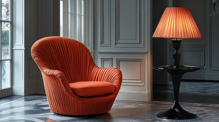 Poster - Cozy orange chair and stylish lamp in elegant room.
