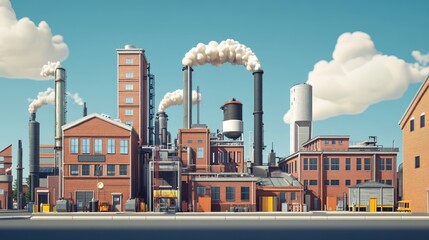 Aufkleber - A detailed industrial complex with smokestacks and warehouses under a clear blue sky.