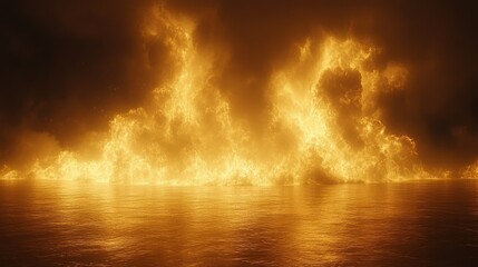 Poster - Fiery ocean scene with flames reflecting on water.