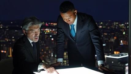 Aufkleber - ビジネス、会議、ミーティング、グローバル、打ち合わせ、夜景、シリアス、クール、画面、経営者、指導、指示、戦略、マネジメント、ミドルエイジ、社長、上司、部下、かっこいい、外国人、黒人、日本人、秘密、機密、情報、暗い、ダーク、エージェント、スパイ、スクリーン、ディスプレイ、英会話、仕事、オフィス、テクノロジー、DX、未来、経営、企業、人材、プロフェッショナル、チームワーク、スーツ、ビジネスマン、ビジネ