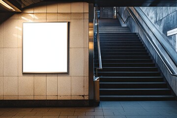 Wall Mural - Blank billboard on subway wall next to stairs. (3)