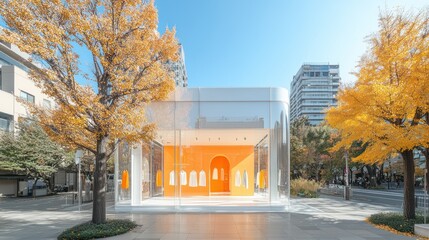 Poster - Modern glass structure surrounded by vibrant autumn trees.