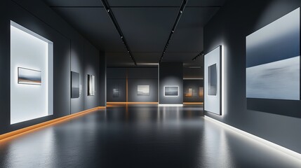 Poster - Modern Exhibition Space with Illuminated white blank Panels in Dark Room. 3D Rendering, HD image