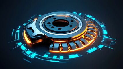 Poster - Futuristic 3D brake pad icon with glowing metallic details, symbolizing cutting-edge car service.