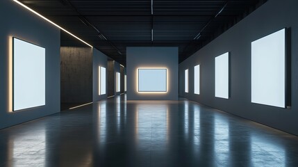Poster - Modern Exhibition Space with Illuminated white blank Panels in Dark Room. 3D Rendering, HD image