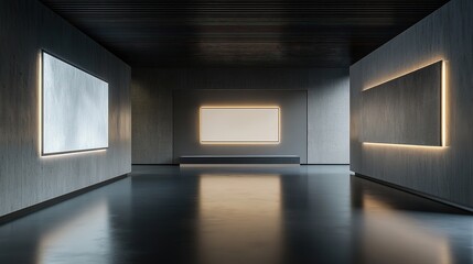 Poster - Modern Exhibition Space with Illuminated white blank Panels in Dark Room. 3D Rendering, HD image