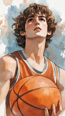 Canvas Print - Young Man Basketball Player Watercolor Portrait