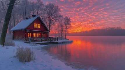 Wall Mural - Red cabin on snowy lakeshore at sunrise, reflecting vibrant colors in calm water.