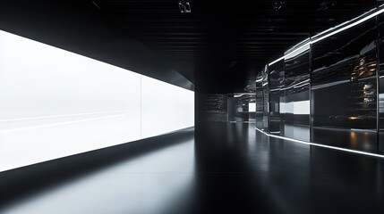 Poster - Modern Exhibition Space with Illuminated white blank Panels in Dark Room. 3D Rendering, HD image