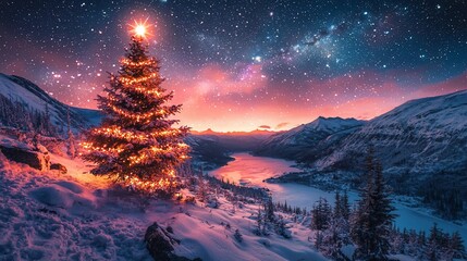 Wall Mural - Illuminated Christmas tree on snowy mountain peak at sunset under starry night sky.