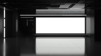 Poster - modern exhibition space with illuminated white blank panels in dark room. 3d rendering, hd image