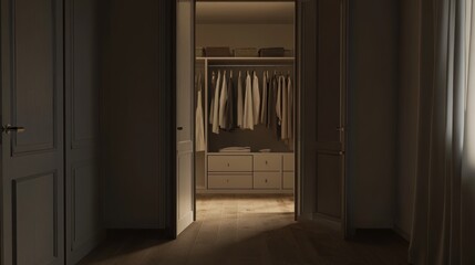 Aufkleber - A dimly lit closet with neatly arranged clothes and drawers, creating a serene atmosphere.